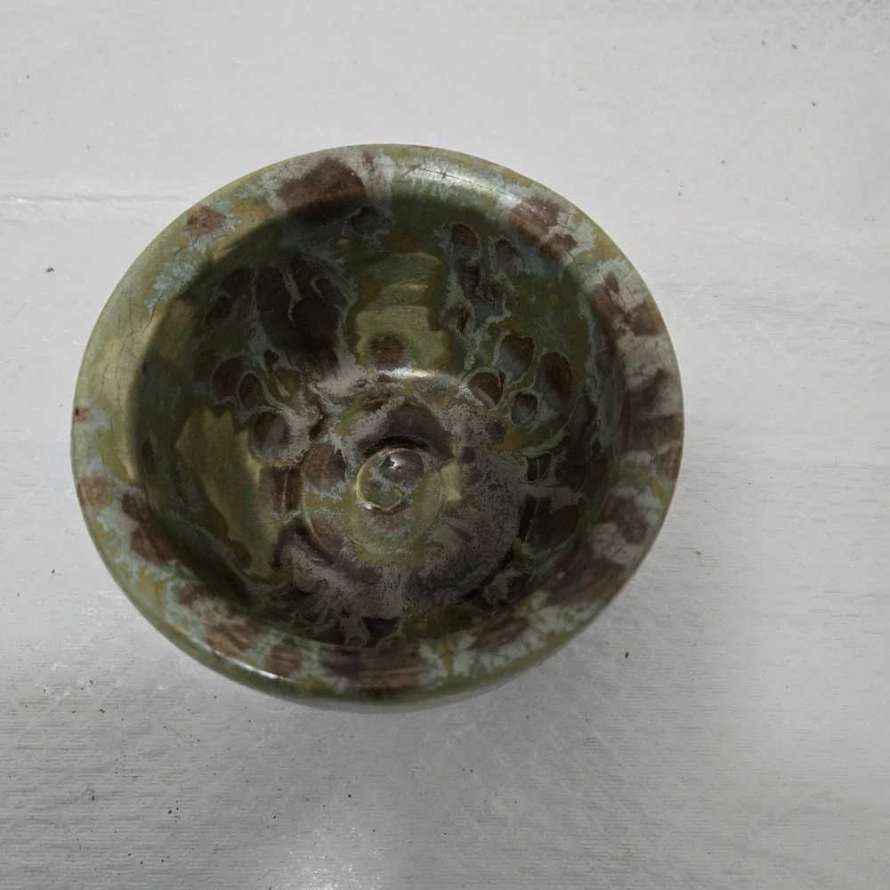 Studio Art Pottery Golden Green & Brown Drip Crackle Glaze Ceramic Bowl
